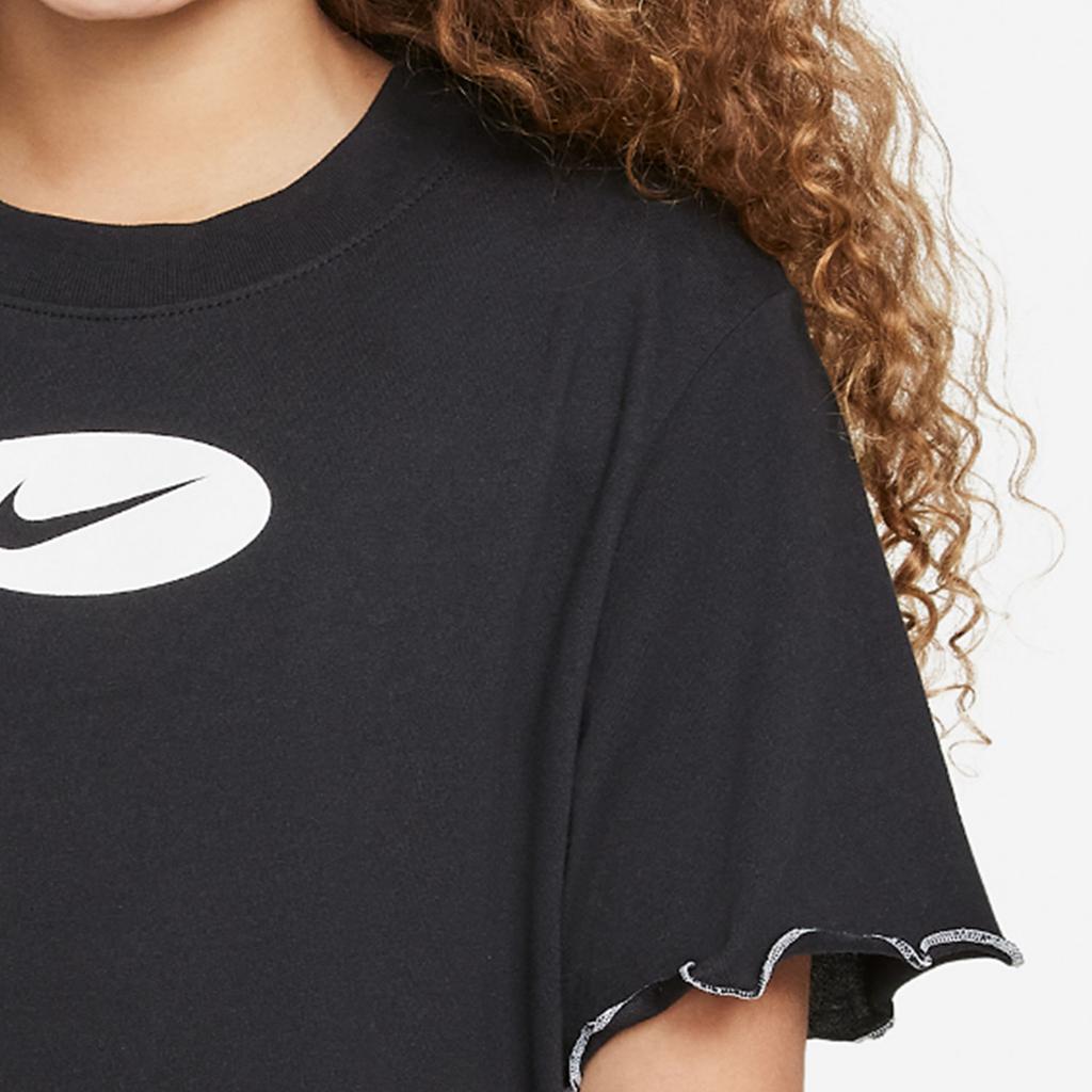 Nike Dri-FIT Color Block Logo Ruffled Hem Round Neck Short Sleeve T-Shirt Kids Tops Black DQ4392-010