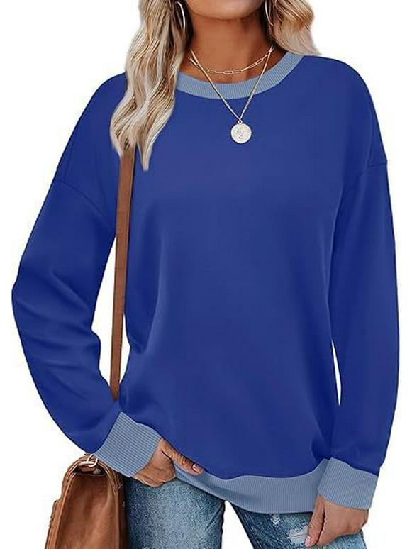 

Женский свитшот 2025 года с цветными блоками, круглым вырезом - Европейский и американский стиль, длинный рукав, свободный крой, модная отделка в рубчик. S королевский синий