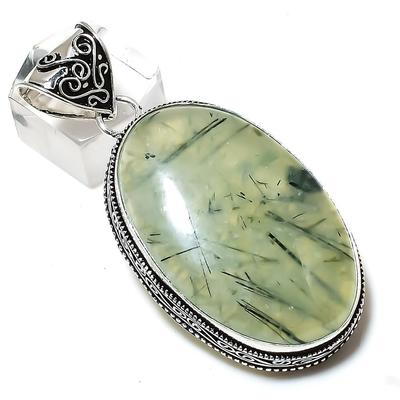 Natürlicher Prehnit Edelstein Handgefertigter 925 Sterling Silber Anhänger 2,40" k5g44