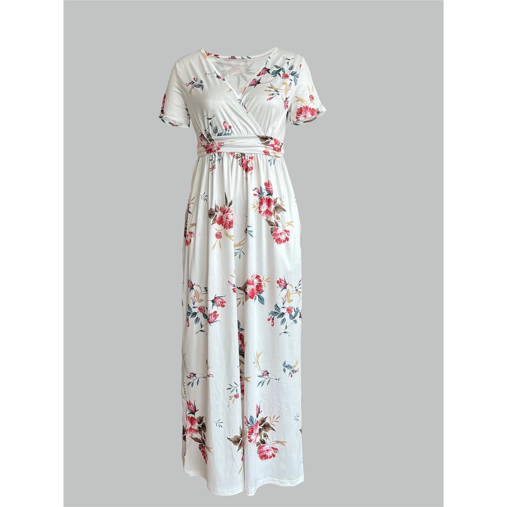 Women's Short-sleeved V-neck Wrap Belt Pocket Printed Elegant Long Dress
