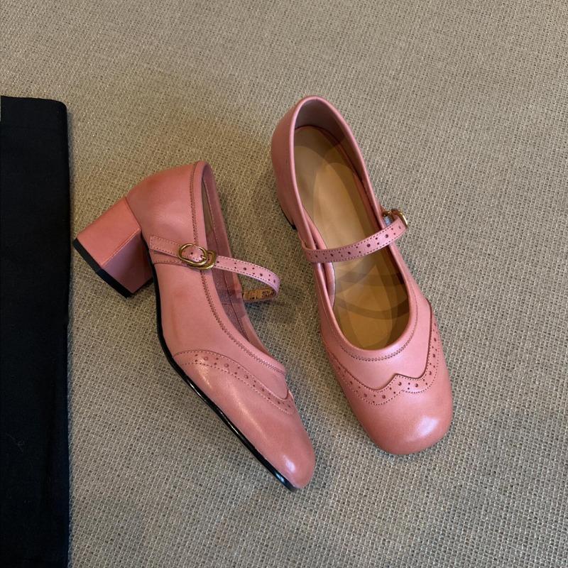 Sheepskin ~ versatile one-button shallow thick heel Mary Jane shoes women's vintage brogue square toe shoes leather single shoes