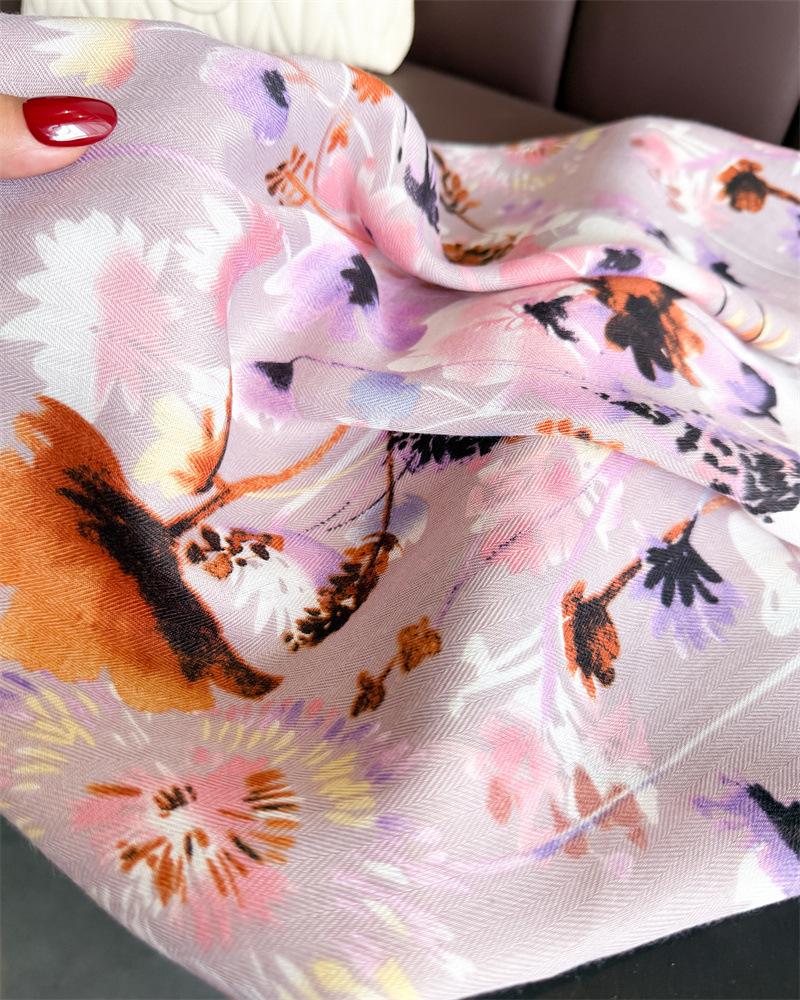 Romantic Flower Herringbone Pattern Cotton and Linen Feeling Small Square Scarf Silk Scarf Imitation Velvet Headscarf Shawl Sun Protection Scarf Women