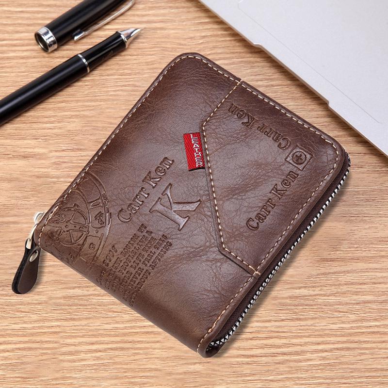 Men's Bifold Wallet with Zipper Edge - Vintage Leather ID and License Holder with Snap Coin Purse