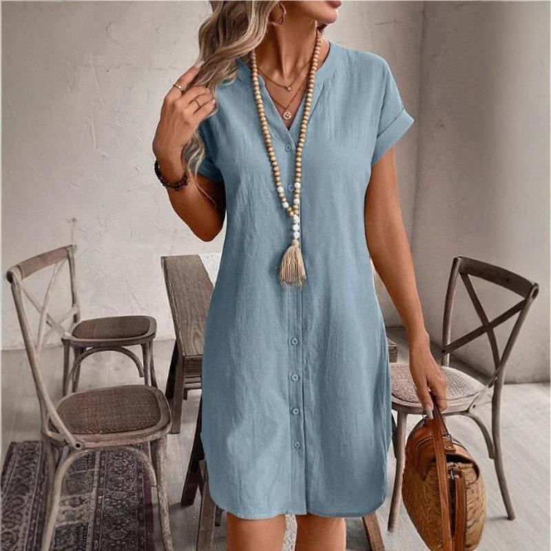 VEZFAA Abiti casual da donna, moda estate primavera, stampa tinta unita, manica corta, scollo a V, vita ampia
