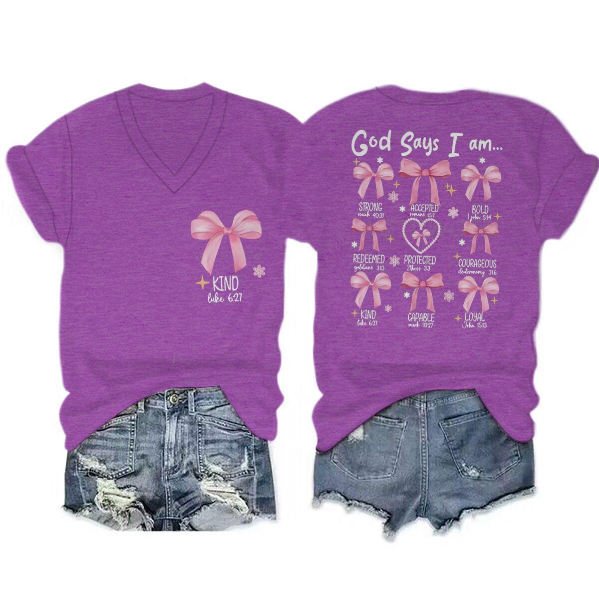 

God Says I Am Christian Women Tshirt Coquette Bow Christian Faith Vneck Soft Tee Jesus Religious Faith Based TShirt 4XL