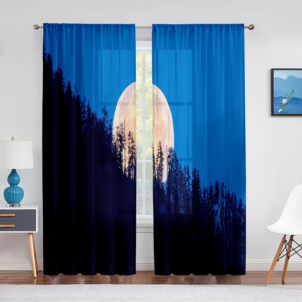 Night Sky Full Moon and Foggy Clouds with Sea Ocean Tulle Curtains for Living Room Bedroom Sheer Voile Kitchen Window Curtain