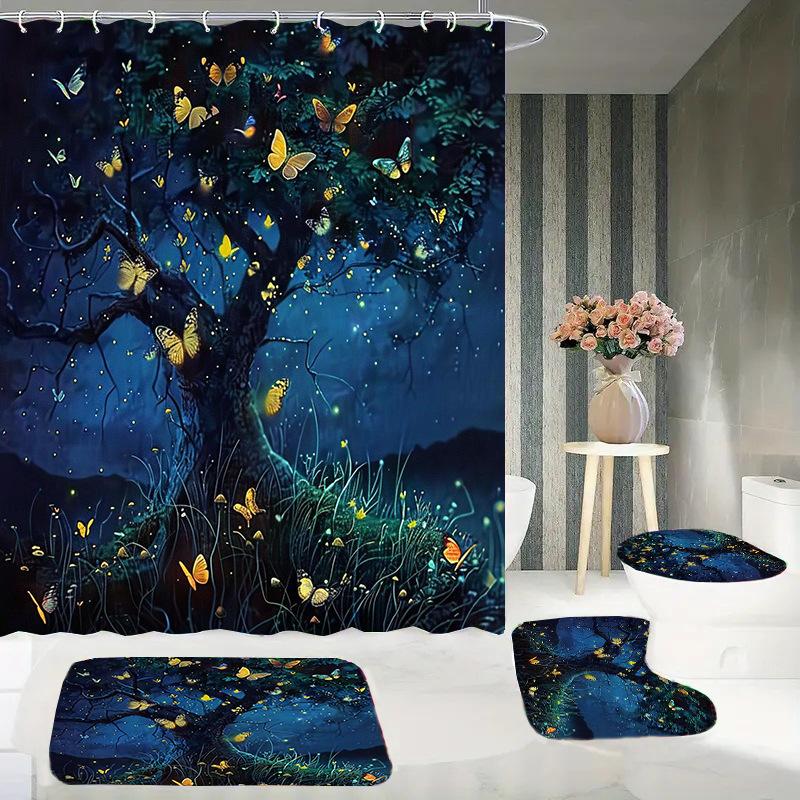 Butterfly Trees, Flowers And Plants, Digital Printing, Shower Curtain, Bathroom Four-Piece Set With Hooks