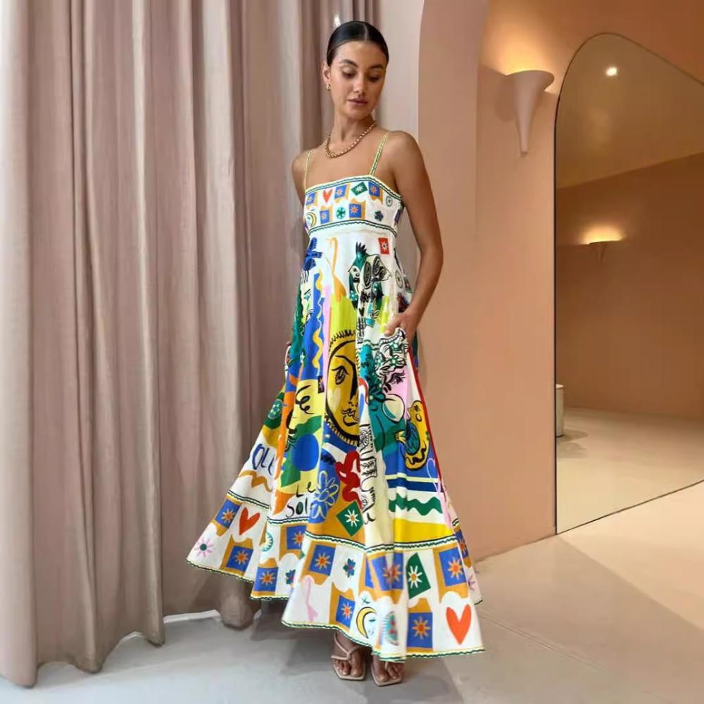 Women's Summer Casual Boho Long Sundress Strap Square Neck Sleeveless Maxi Dresses Flower Printed A Line Beach Dress for Women