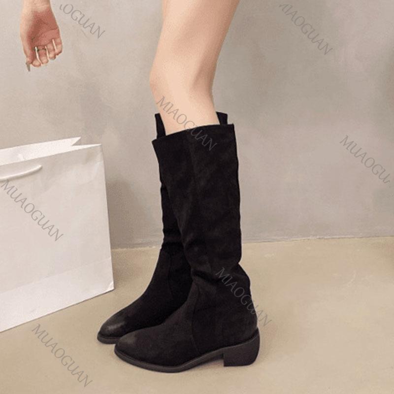 Fashion Women's Boots Stacked Pleated Temperament Middle Heeled Women Shoe Fashion Autumn Solid Color Long Tube Female High Knight Botas