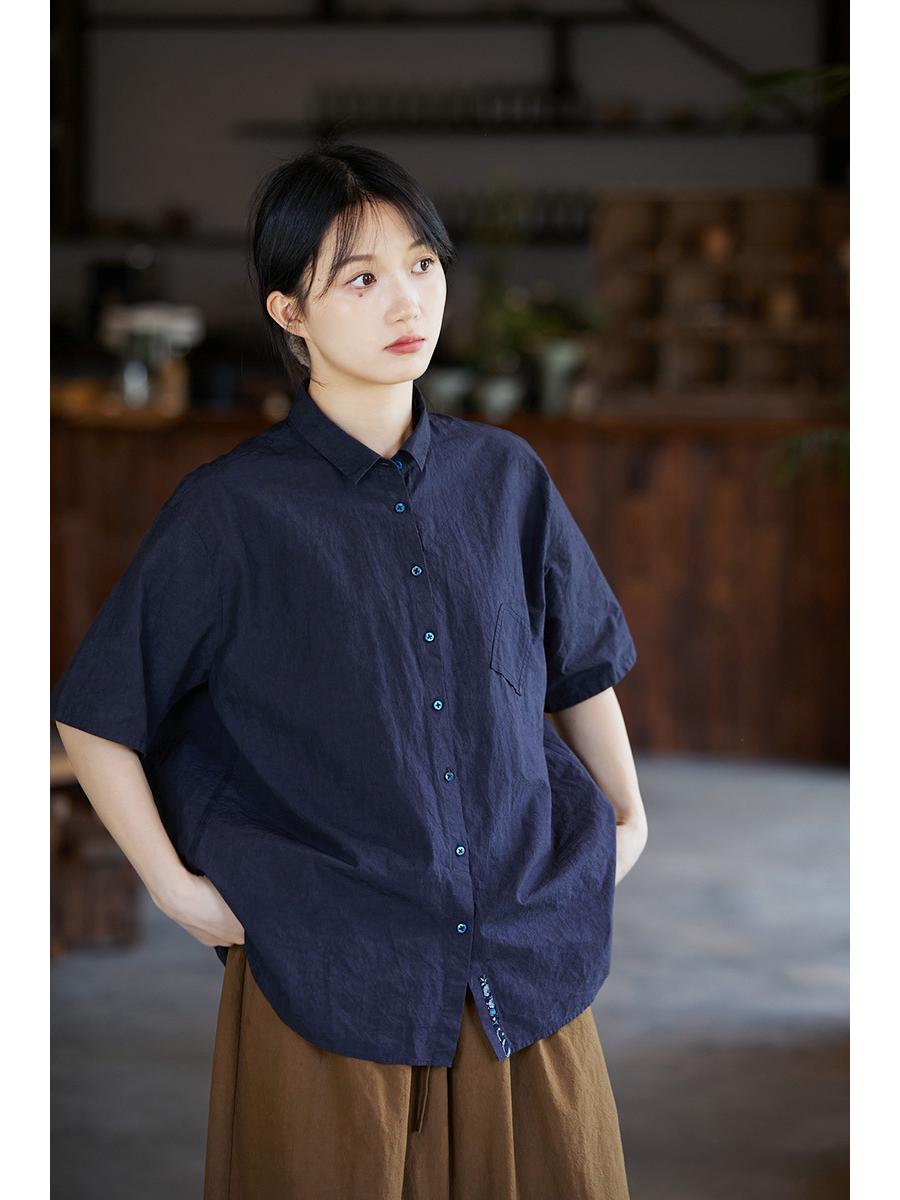 Women s Original Retro Cotton Dark Blue Short-Sleeved Casual Blouse M темно-синий