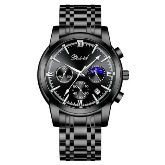DIZIZID wristwatch men analog watch quartz chronograph 3 ATM water-resistant affordable stainless metal band date display luminous multifunction mens