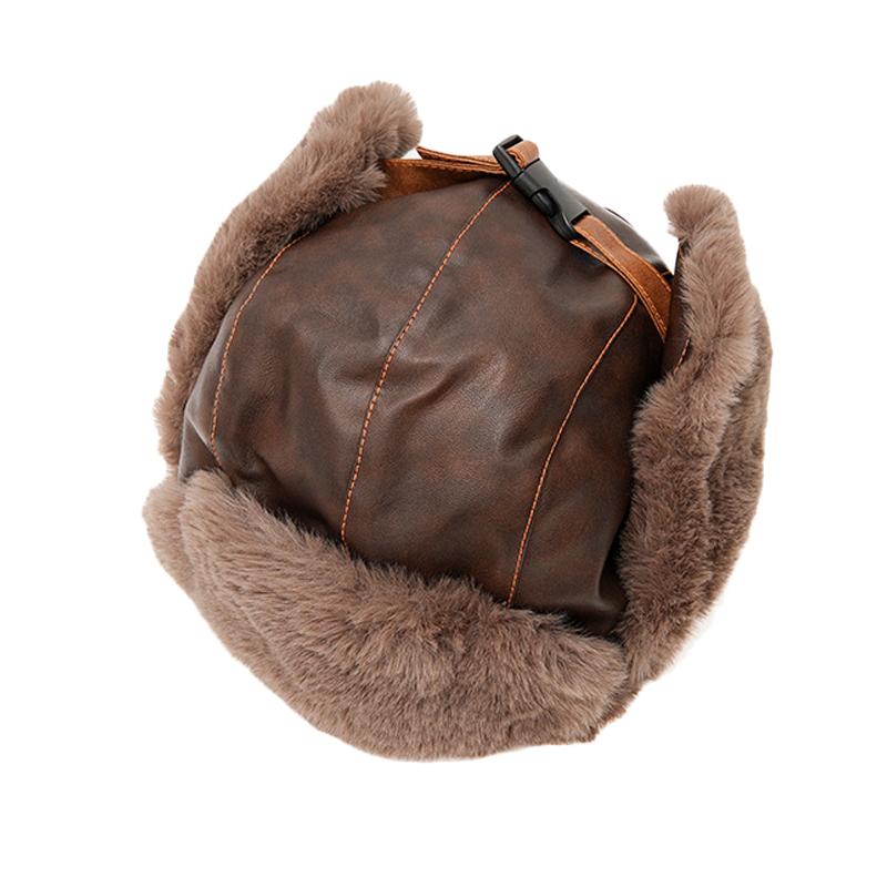 PU Pilot Bomber Hat Men Autumn Winter Warm Plush Thick Cycling Windproof Ear Protection Cap