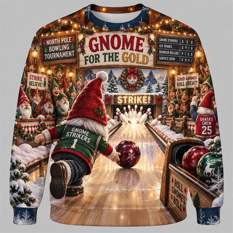 Christmas Bowling Unisex Sweatshirt Santa Snowman Reindeer Gingerbread Gnome Crewneck Xmas Pullover Holiday Sports Party Gift Fun Top