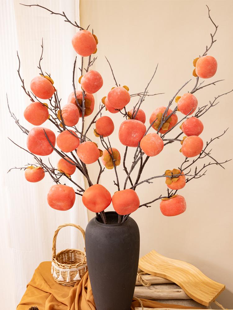 7-Head Persimmon Branch Ikebana Ornament: Artificial Ruyi Persimmon for Living Room or Dried Flower Display
