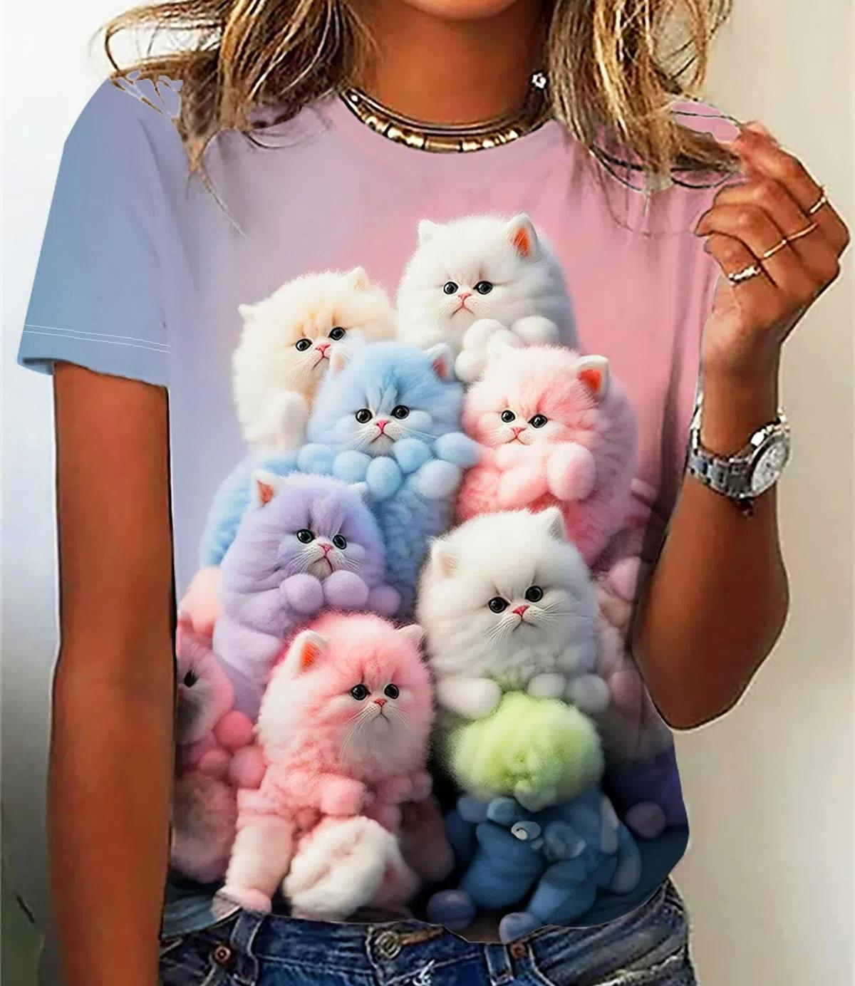 

Модні літні футболки з мультфільмом «Тварина-кіт» з 3D-принтом. Жіночий вуличний одяг. Повсякденний одяг з короткими рукавами та круглим вирізом. Великі футболки. Топи. 3XL