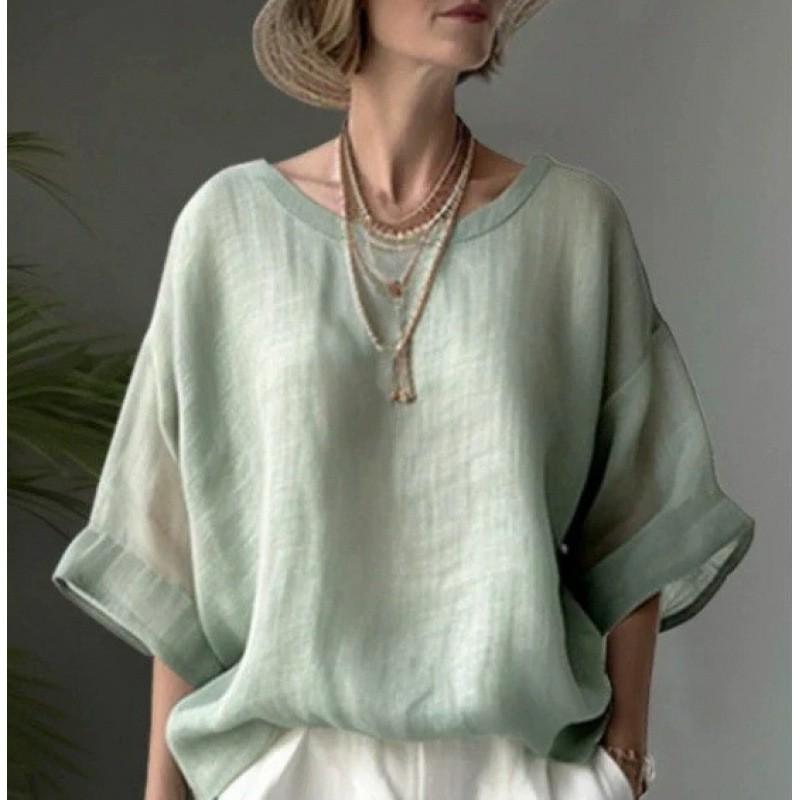Womens Oversized Relaxed Fit Linen Cotton Blend Shirt Loose Round Neck Top Casual Plus Size
