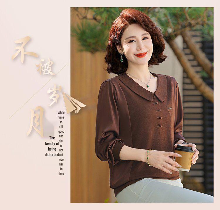 2025 Spring & Autumn Elegant Long Sleeve Lapel T-Shirt for Middle-Aged and Elderly Women - Tummy Covering Base Layer