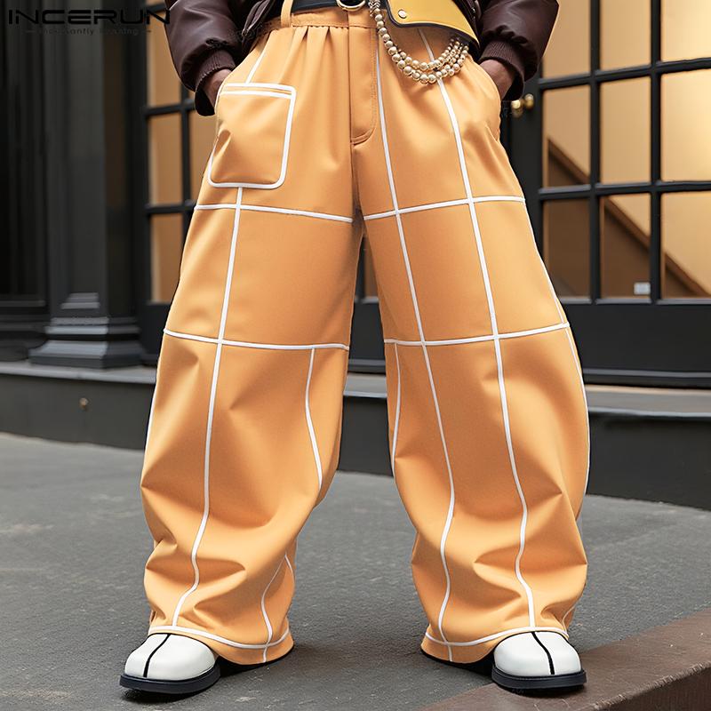 INCERUN Ανδρικό Υπερμεγέθης Παντελόνι με Φερμουάρ στη Μέση, Πλαϊνές Τσέπες, Καρό, Καθημερινό, Φαρδύ, Μακρύ Παντελόνι