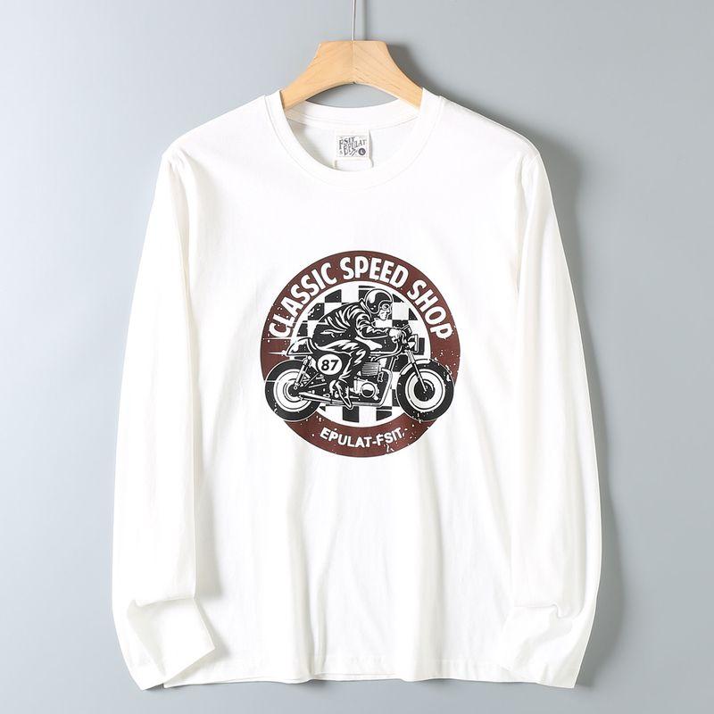 Original Export Surplus Soft and Skin-Friendly Casual Versatile All-Cotton Motorcycle Print Long-Sleeve T-Shirt for Men Trendy
