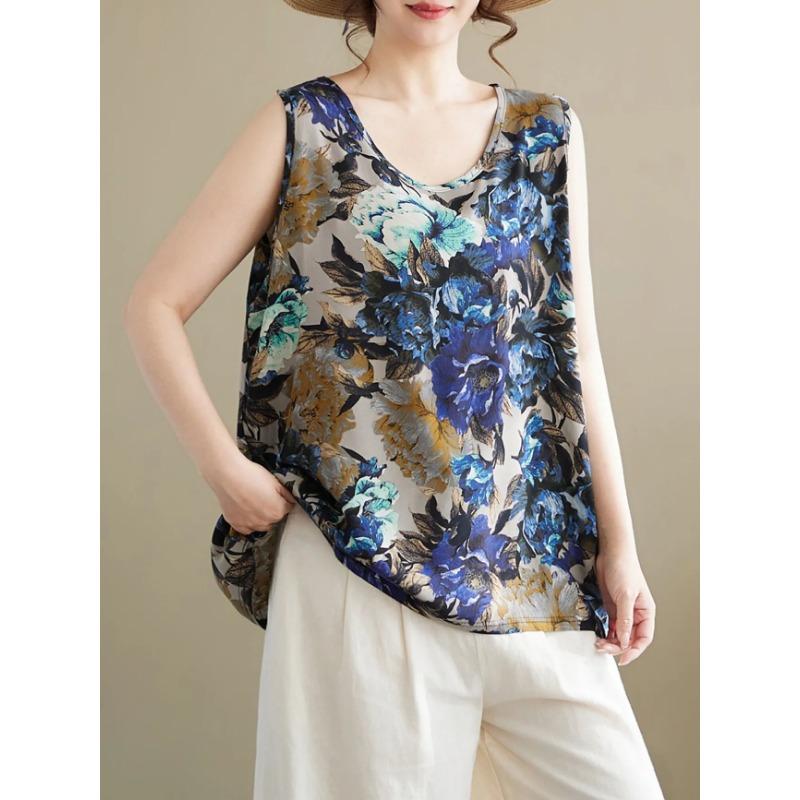 Womens Floral Print Tank Top Casual V Neck Sleeveless Blouse L