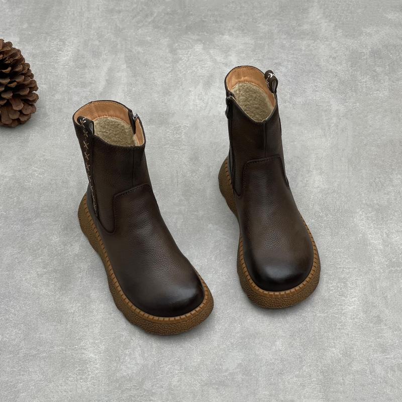 Johnature Botas Femininas Retro de Couro de Vaca Bico Redondo Quentes e de Sola Grossa Couro Genuíno Cano Médio