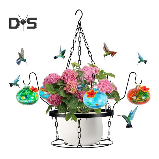 

Кормушка для колибри из выдувного стекла ручной работы, подвесной металлический держатель для кашпо 2 в 1 с 6 маленькими кормушками для птиц из выдувного стекла для декора окон в саду и на заднем дворе G