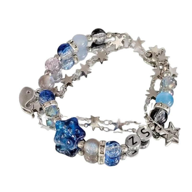 Trendy Blue Crystal Beads Bracelets for Women Girls Harajuku Cute Handmade Star metal chain Bracelet Best Friend Jewelry Gifts