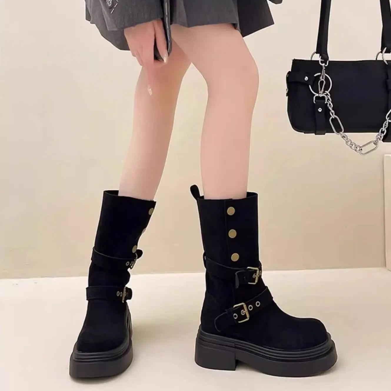 

Women s Long Boots Platform Height Increasing Outdoor Knight Boots Spring Autumn New Retro Belt Buckle Women Shoes 35 чёрный