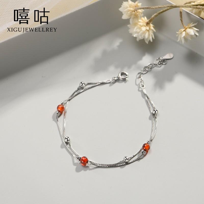 Sterling Red Garnet Waterdrop Bracelet Women Minimalist Chic Jewelry Gift