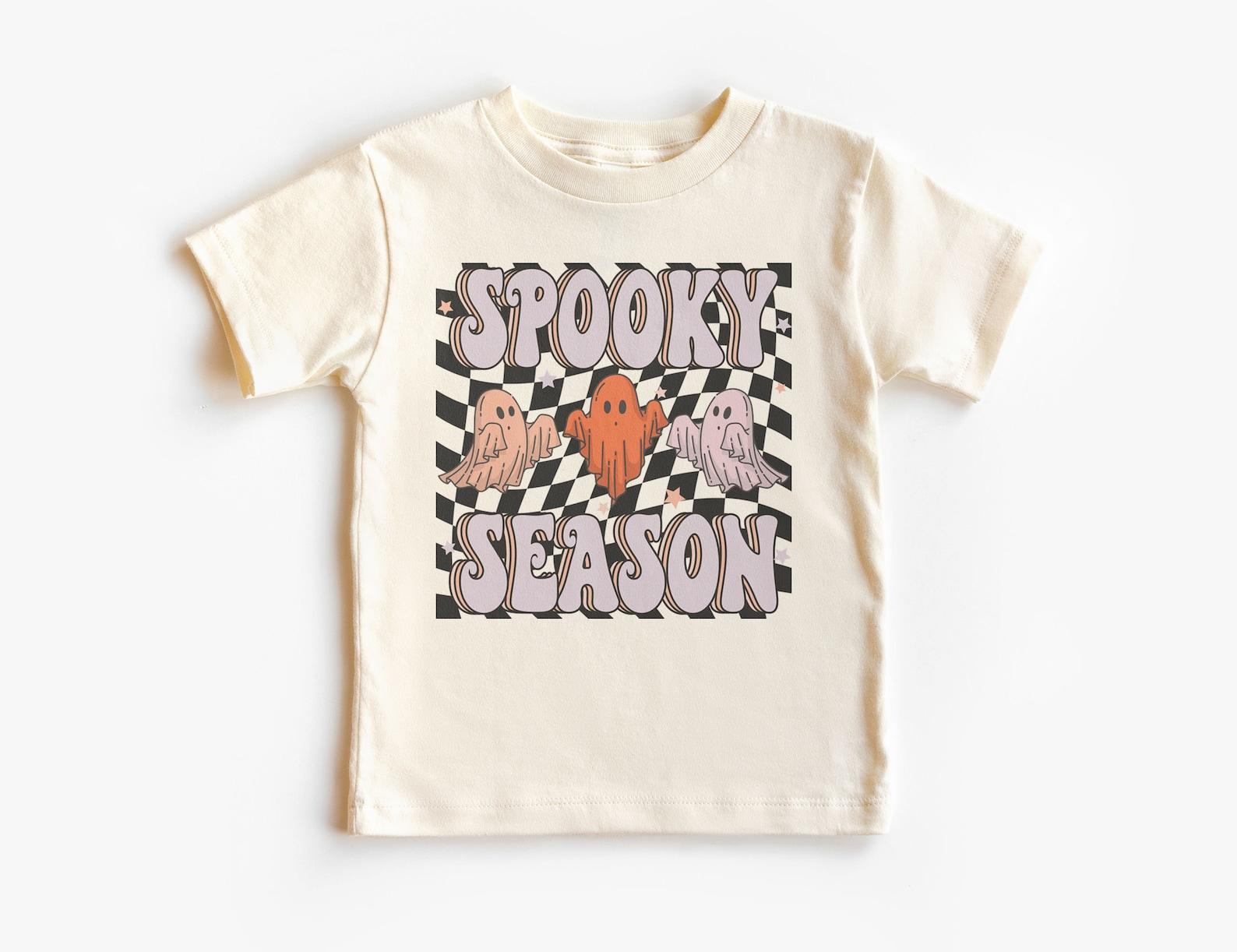 Spooky Season Shirt - Retro Ghost Checkered Halloween Tee - Unisex & Youth Natural T-Shirt 150