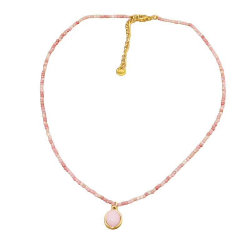 Korean Pink Gradient Rhodochrosite Titanium Necklace - Handmade Beaded Natural Stone for Spring/Summer Layering
