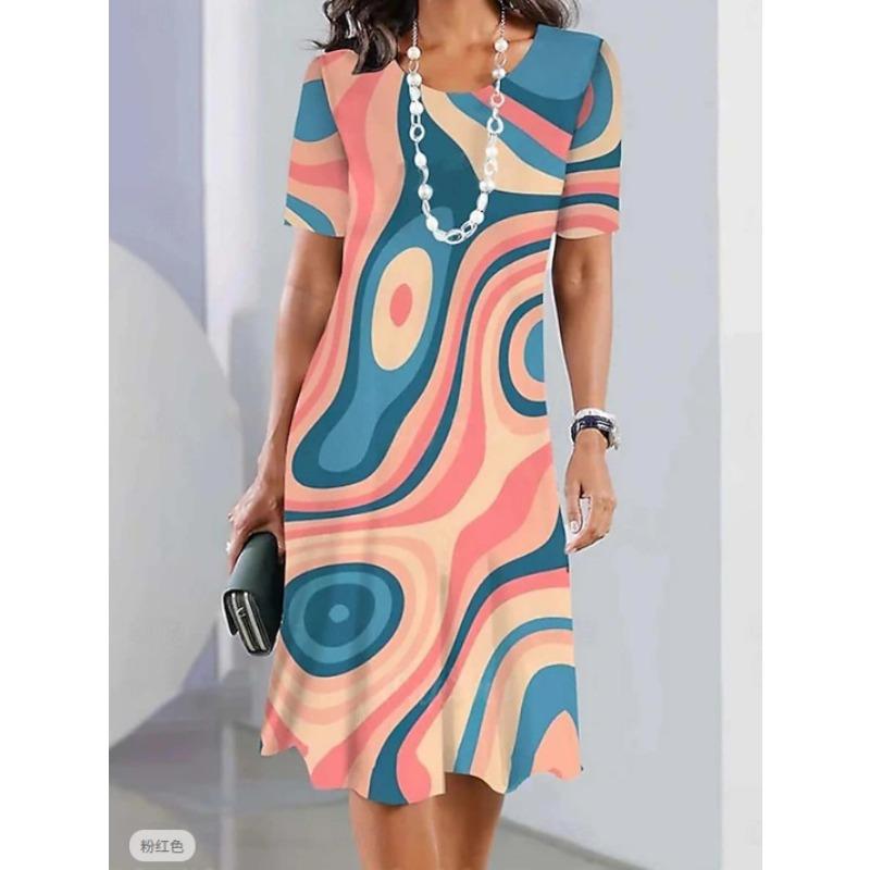 

JKASHDK Женская мода лето весна цвет блок принт короткий рукав О-образный вырез свободная талия повседневные платья XXXXXL