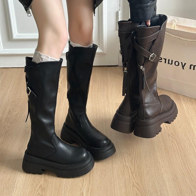 Small thick-legged and thin thick-soled women's boots with belt buckle 2025 autumn and winter retro tall retro knight boots