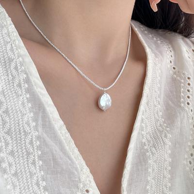 S925 Sterling Silver Sparkling Necklace Baroque Button Pearl Necklace Women's Light Luxury Niche Clavicle Chain