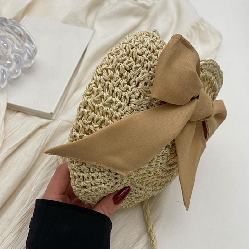 Sommer Kleine Stroh Schulter Umhängetaschen Handgefertigt Strand Handtaschen Schleife Gewebte Tragetasche Runde Umhängetasche Clutch