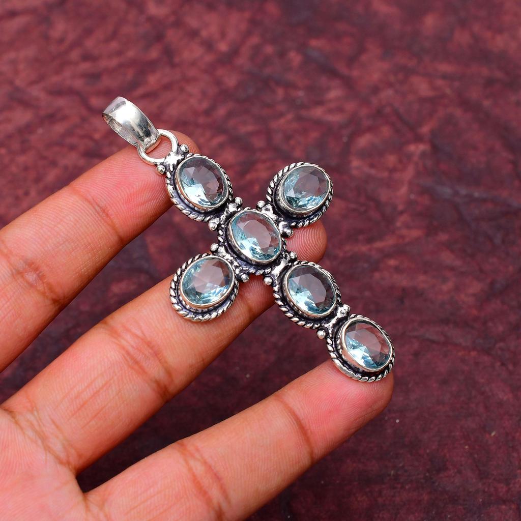 Aquamarine Gemstone Cross Shape Pendant : 925 Sterling Silver Handmade Jewelry Pendant