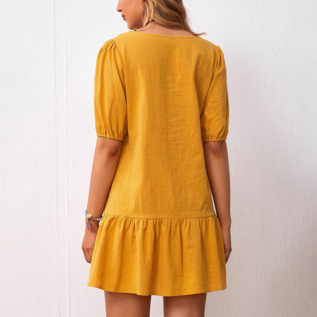 2025 New Women's Dress Solid Color Loose Waist Cotton Linen Crew Neck Dress