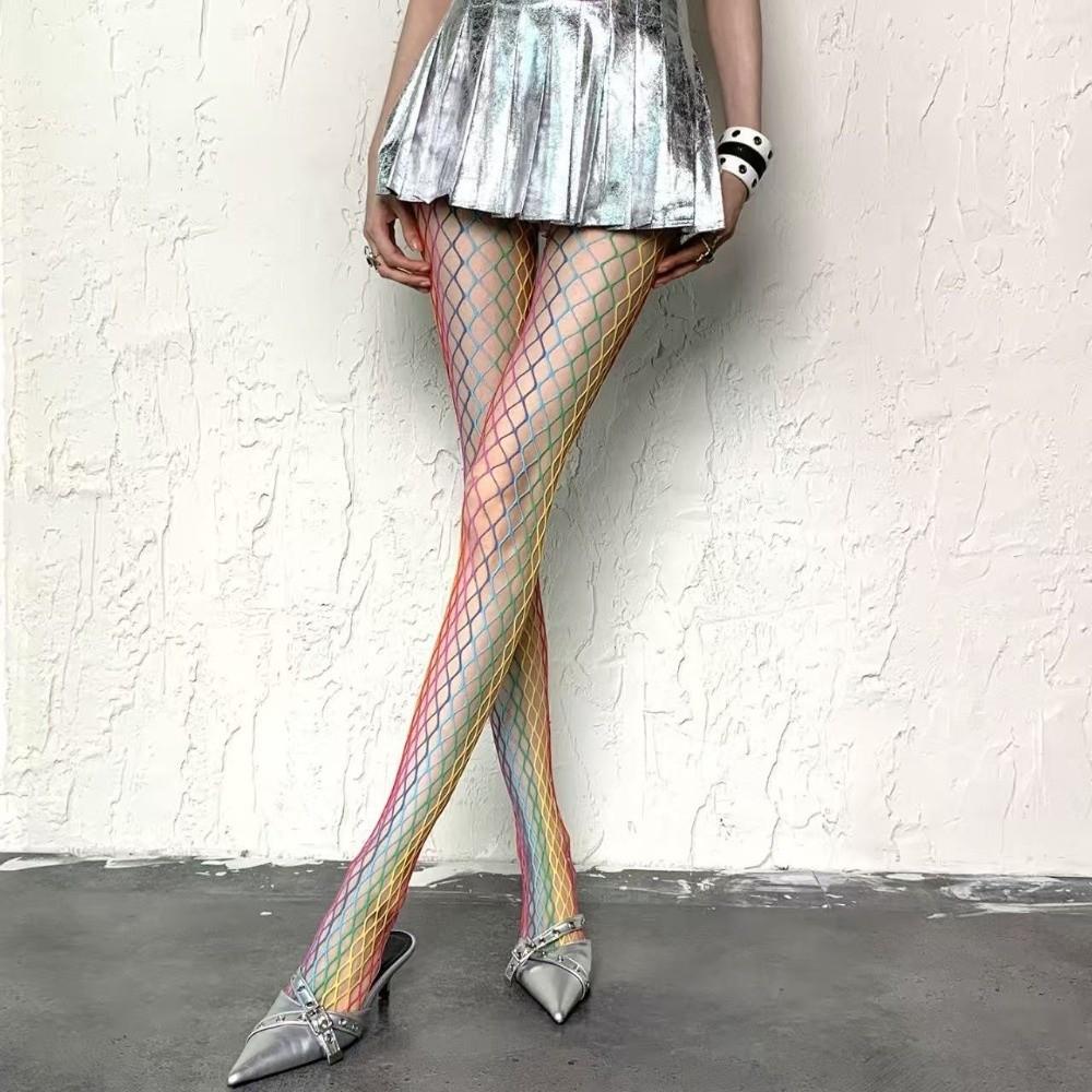 Y2K Rainbow Fishnet Stockings Large Mesh Sexy Mesh Stockings See-through Tights  Girls