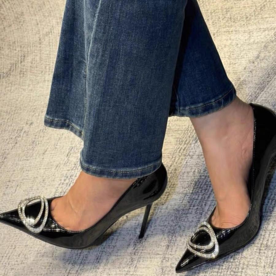 [Spot] Pointed black patent leather high heels women's thin heels French temperament shallow mouth single shoes versatile and not tired feet shoes