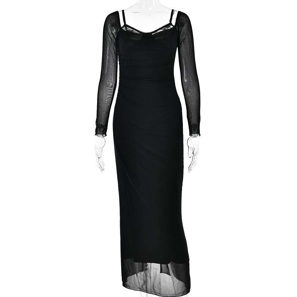 Dámské stylové a sexy bodycon maxi šaty s dlouhým rukávem, na ramínka a s rozparkem