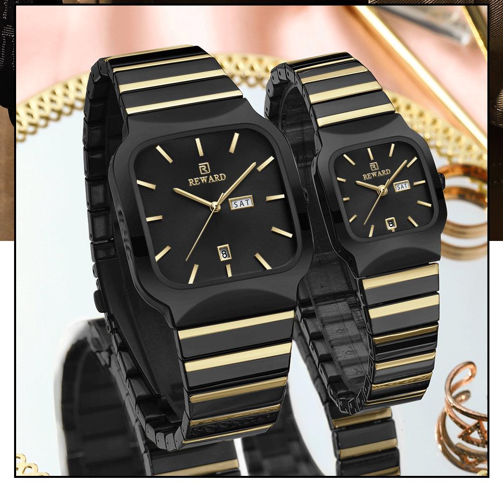REWARD RD611264M 611264 Beliebte Damen- und Herren-Armbanduhr Liebhaber Quadratisch Komplettkalender Stahlarmband Quarzuhren für Paar