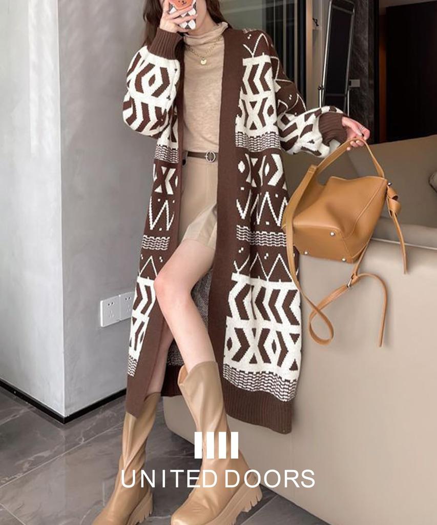 United Doors Ortega Pattern Long Knit Cardigan, Fall/Winter Outerwear, Gown, Casual Outerwear, Brown, 5A-D04-BRS