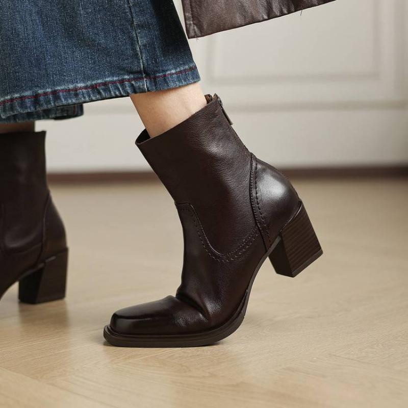 

New women s leather boots medium heel large size women s boots comfortable leather versatile Martin boots autumn and winter cowhide medium boots women 40