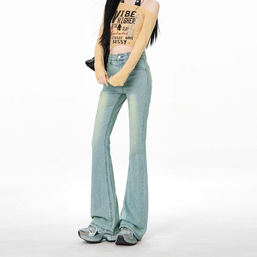 Light blue hot diamond model, aircraft waist design sense, slim fit, slightly thin, slightly pulled pants, women's spring 11 new models