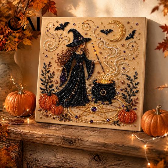 Set Artistico con Perle Finte Kit Fai da Te di Halloween, Set Creativo Ricamo con Perline 3D, Decorazione per la Casa Unica Spaventosa Fantasma Capra Strega Arte da Parete, Stagionale per Adulti, Principianti