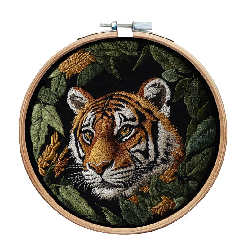 1pc Tiger and Flower Landscape Embroidery DIY Fabric Craft Kit with Tools