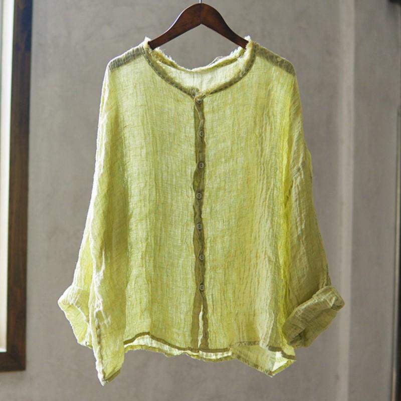 Johnature Vintage Women Shirts O-Neck Long Sleeve Button Blouses Autumn Loose Solid Color Casual Female Shirts