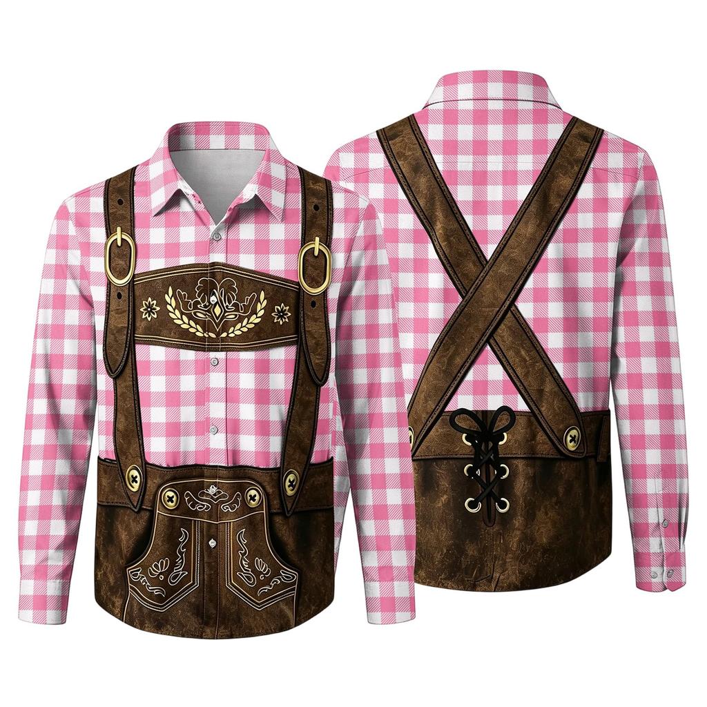 Herren Oktoberfest 3D-Druck Locker geschnitten Langarmhemd Mit Kragen Durchgeknöpftes Hemd Vintage Lässig Atmungsaktives Hemd für die Arbeit im Freien und Party