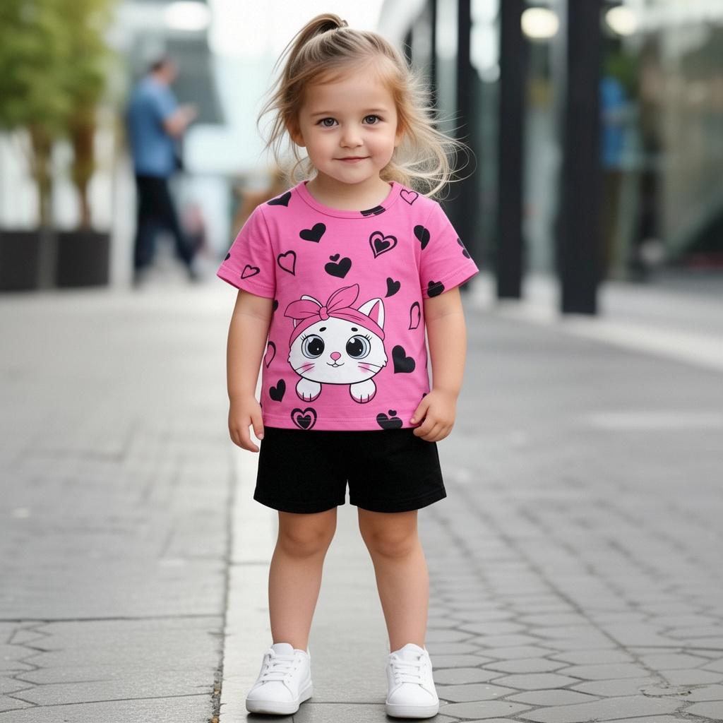 

Toddler Girls Cute Cartoon Cat & Heart Print 2-Piece Outfit, Summer Pink Casual Clothes for Kids, Perfect for Playwear & Outdoor 5-6Y троянди рожеві кольору