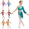 Girls Rhinestone Gradient Lyrical Dance Set One Shoulder Long Puff Sleeve Crop Top with Applique Asymmetrical Draped Skirt for Stage